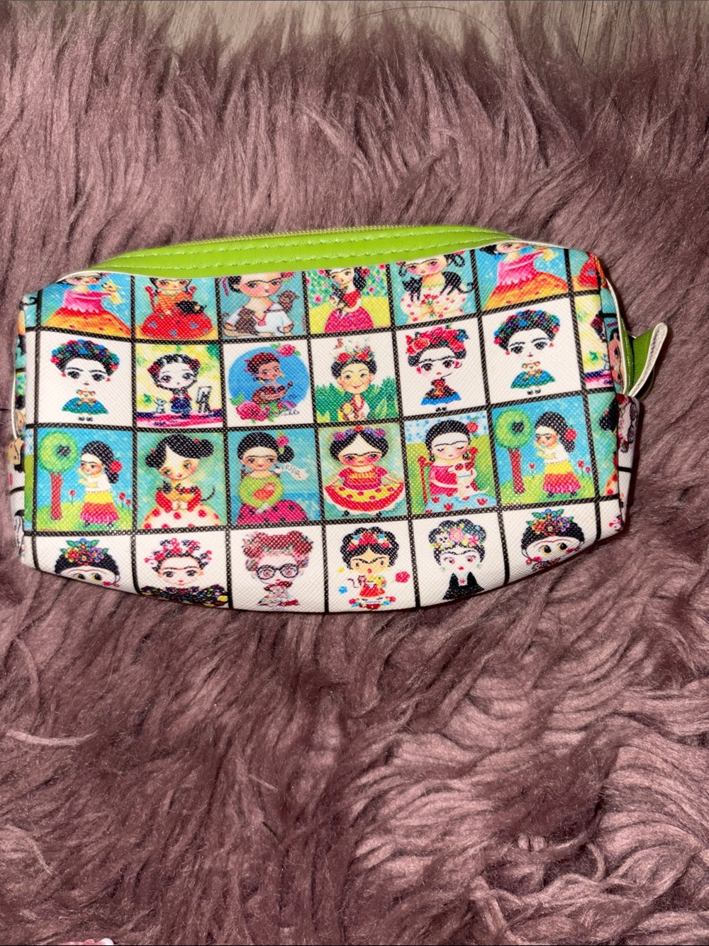 Colorful Frida Kahlo Style Cosmetic Pouch with Lime Zipper